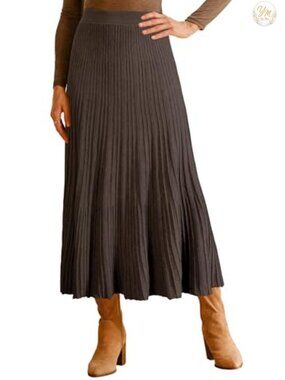 Wool Blend A-Line Pleated Flowy Calf-Length Skirt High Rise